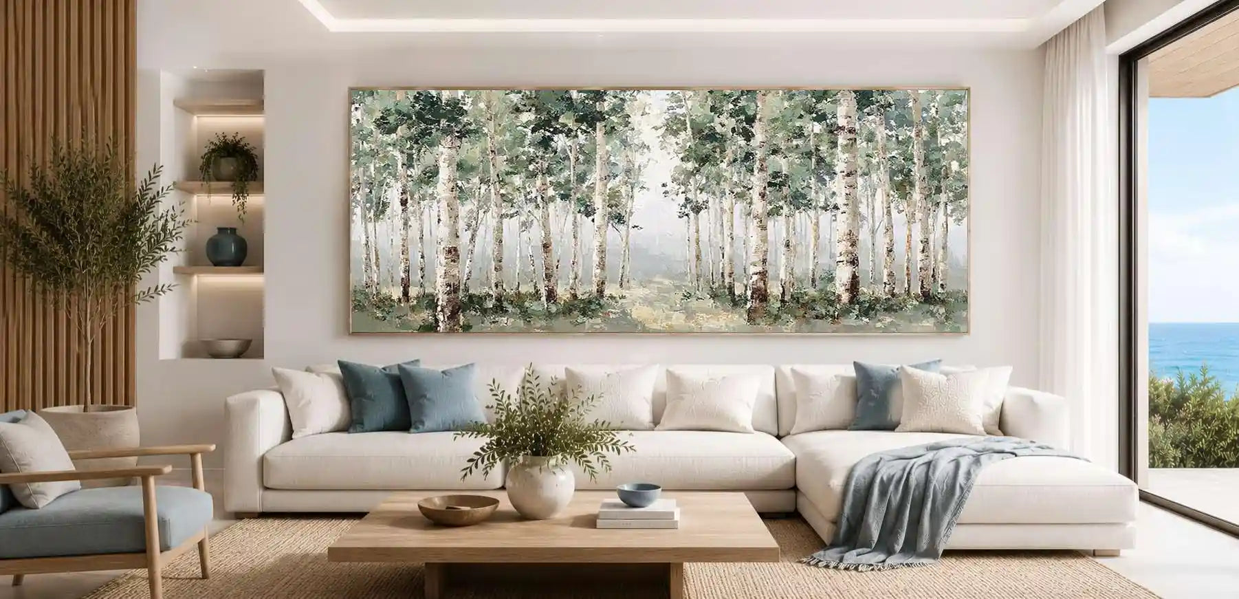 Birch forest landscape panoramic canvas art for modern living room decor