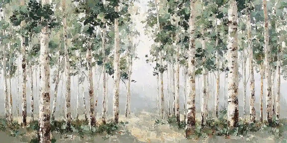 Birch forest landscape panoramic canvas art for modern living room decor