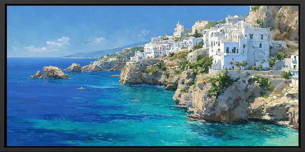 Mediterranean coastal village panoramic canvas art for modern living room decor