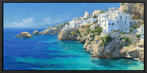Mediterranean coastal village panoramic canvas art for modern living room decor