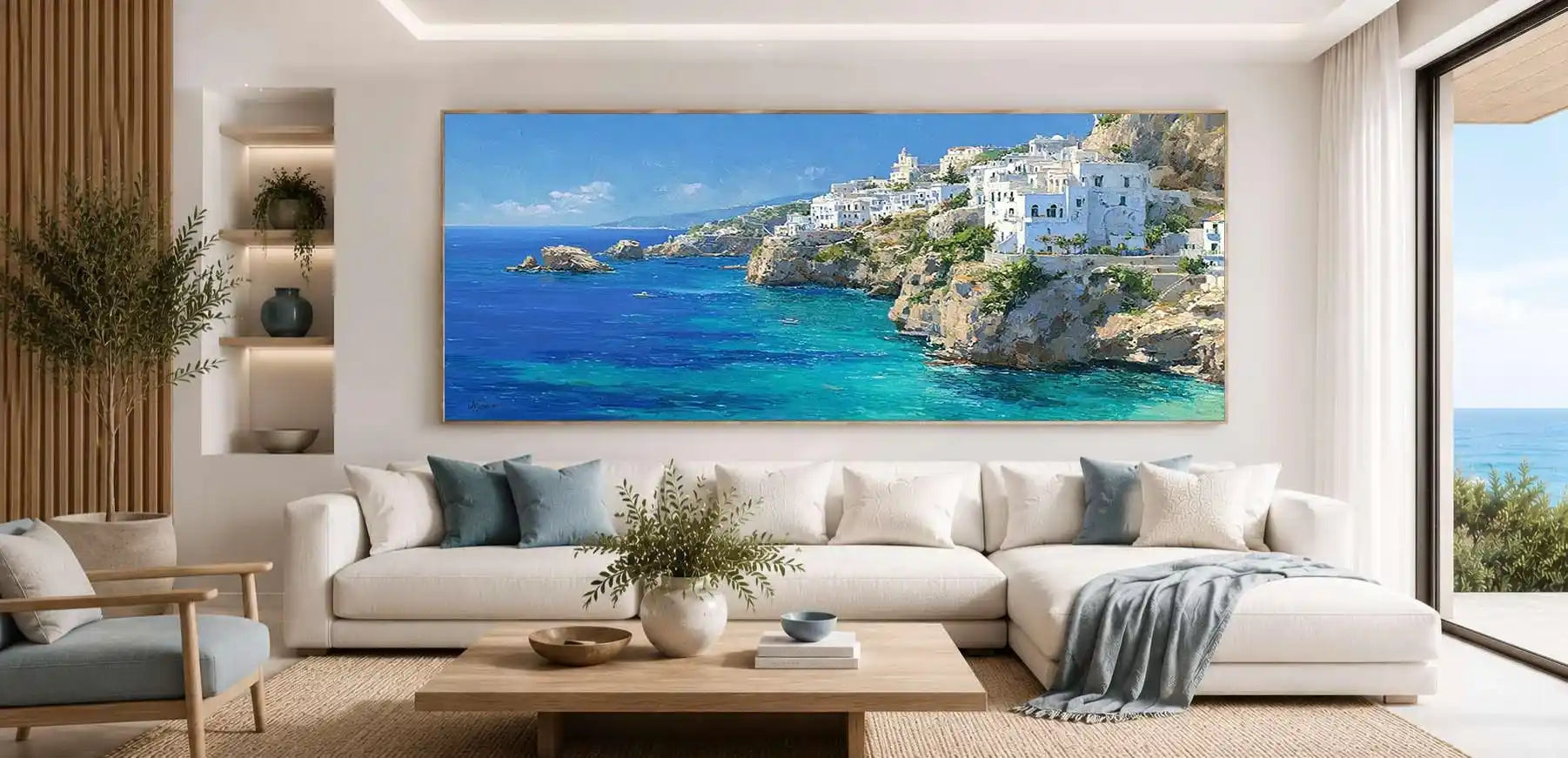 Mediterranean coastal village panoramic canvas art for modern living room decor