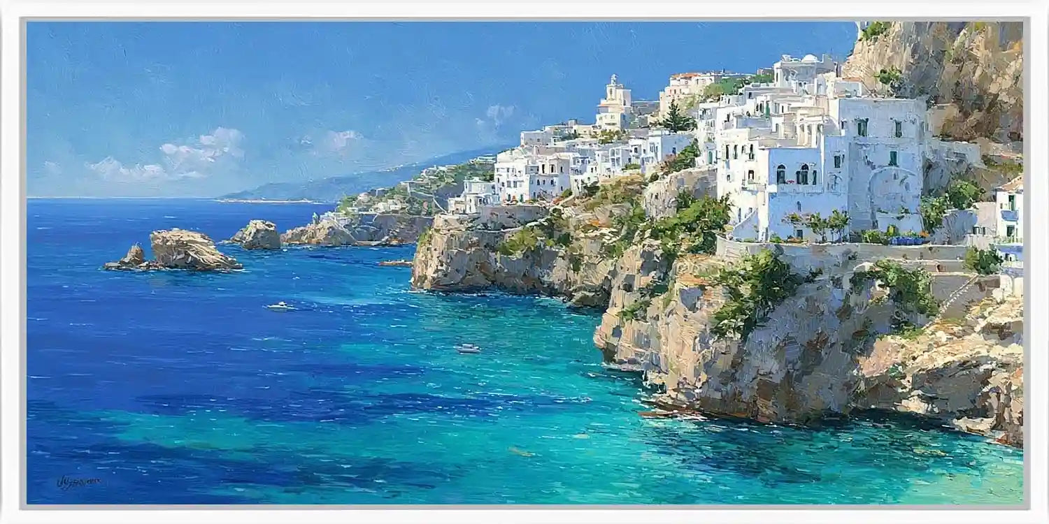 Mediterranean coastal village panoramic canvas art for modern living room decor