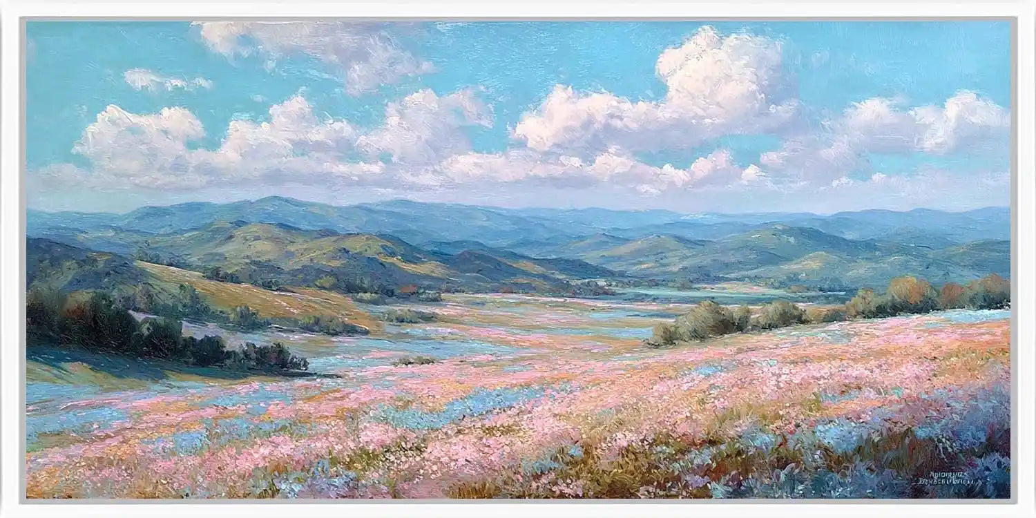 Wildflower valley landscape panoramic canvas art for modern living room decor