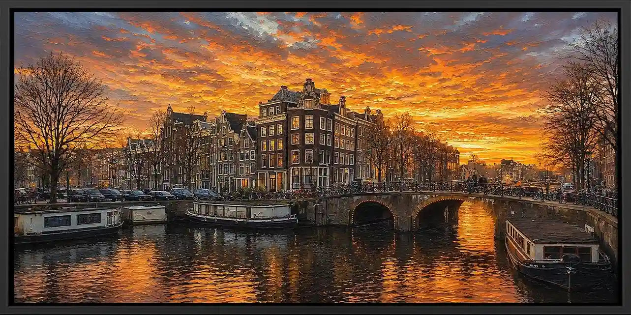 Historic canal city sunset panoramic canvas art for modern living room decor