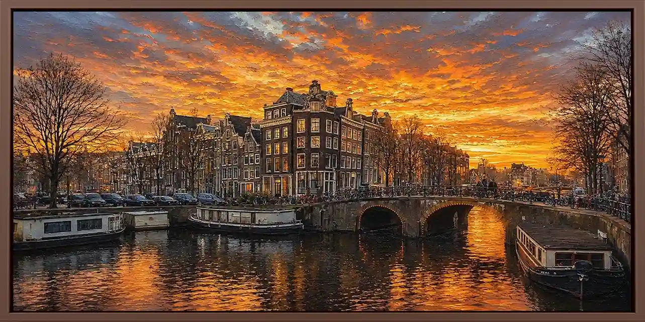 Historic canal city sunset panoramic canvas art for modern living room decor