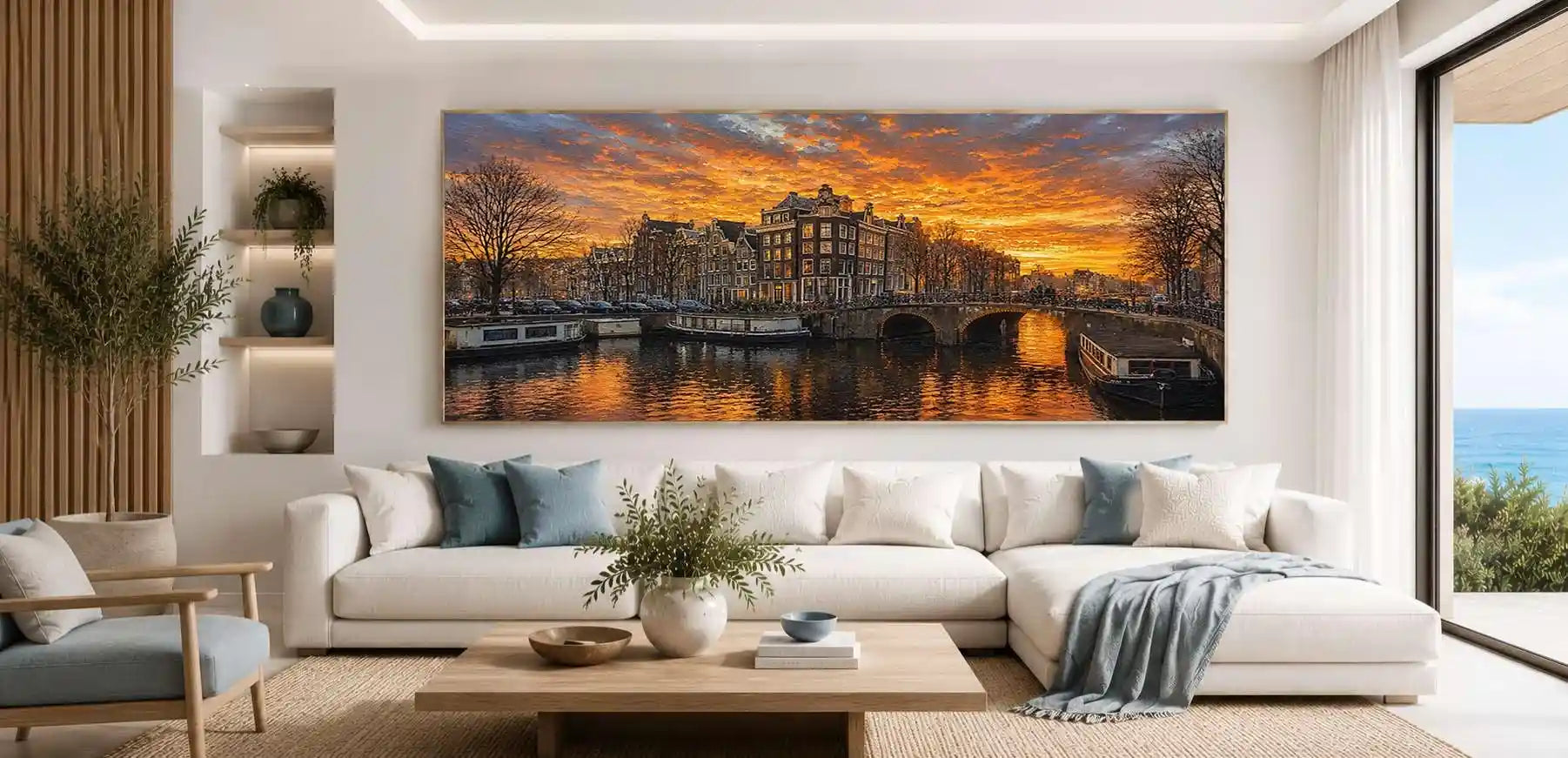 Historic canal city sunset panoramic canvas art for modern living room decor