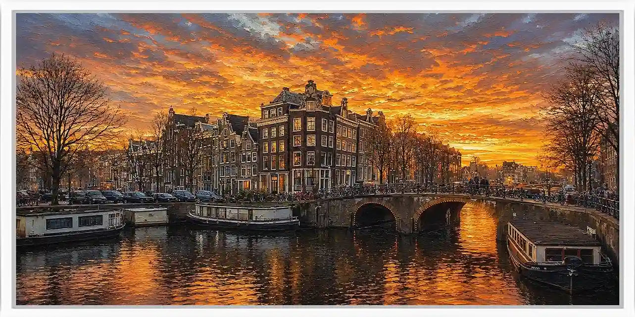 Historic canal city sunset panoramic canvas art for modern living room decor