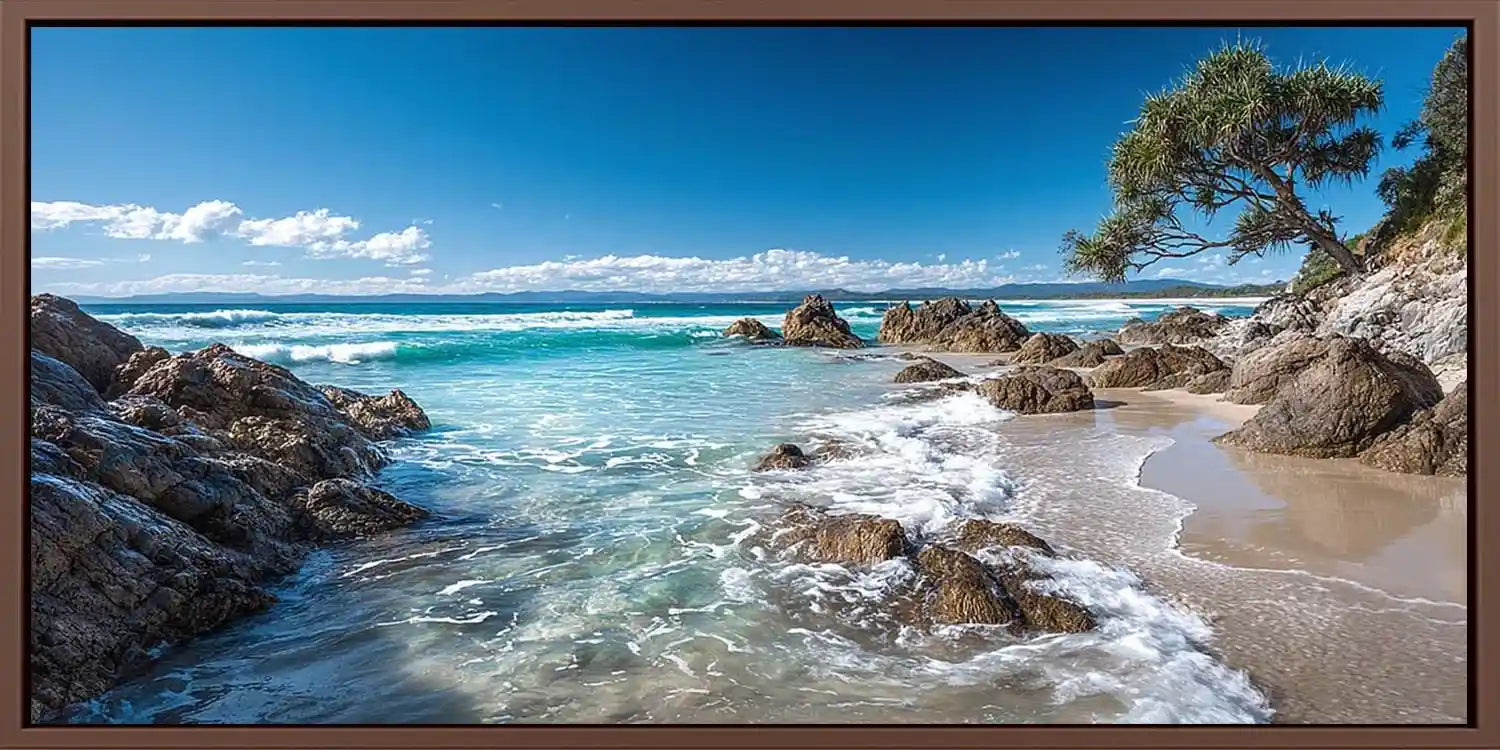 Tropical beach canvas art with pandanus tree and ocean waves for coastal decor.