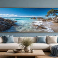 Tropical beach canvas art with pandanus tree and ocean waves for coastal decor.