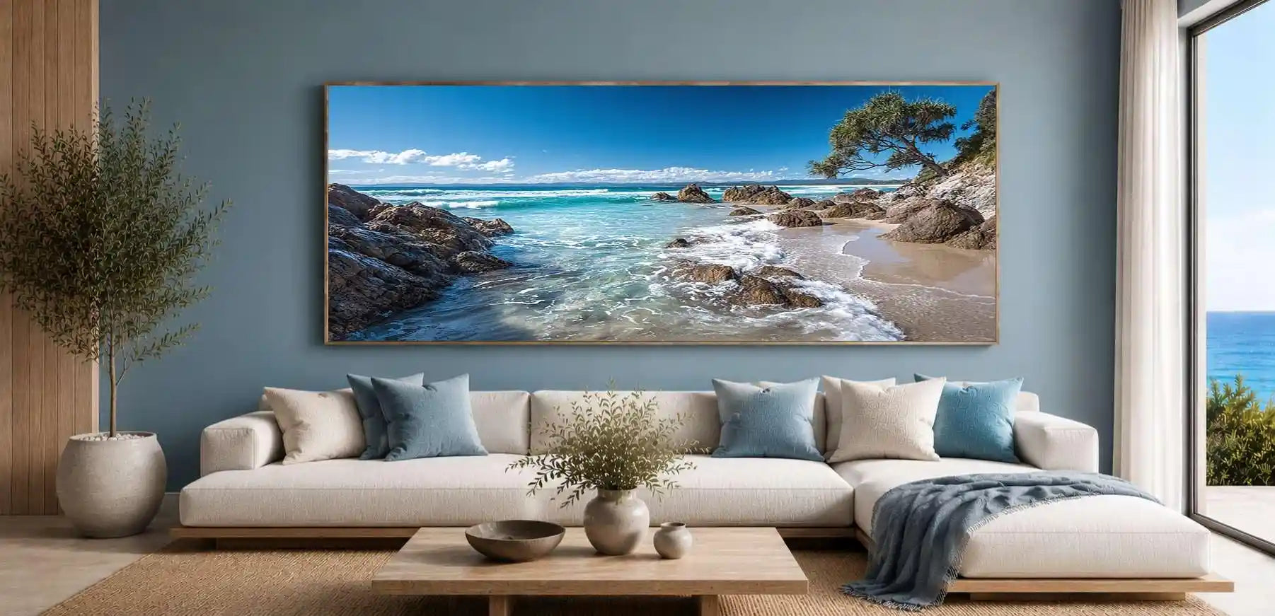 Tropical beach canvas art with pandanus tree and ocean waves for coastal decor.