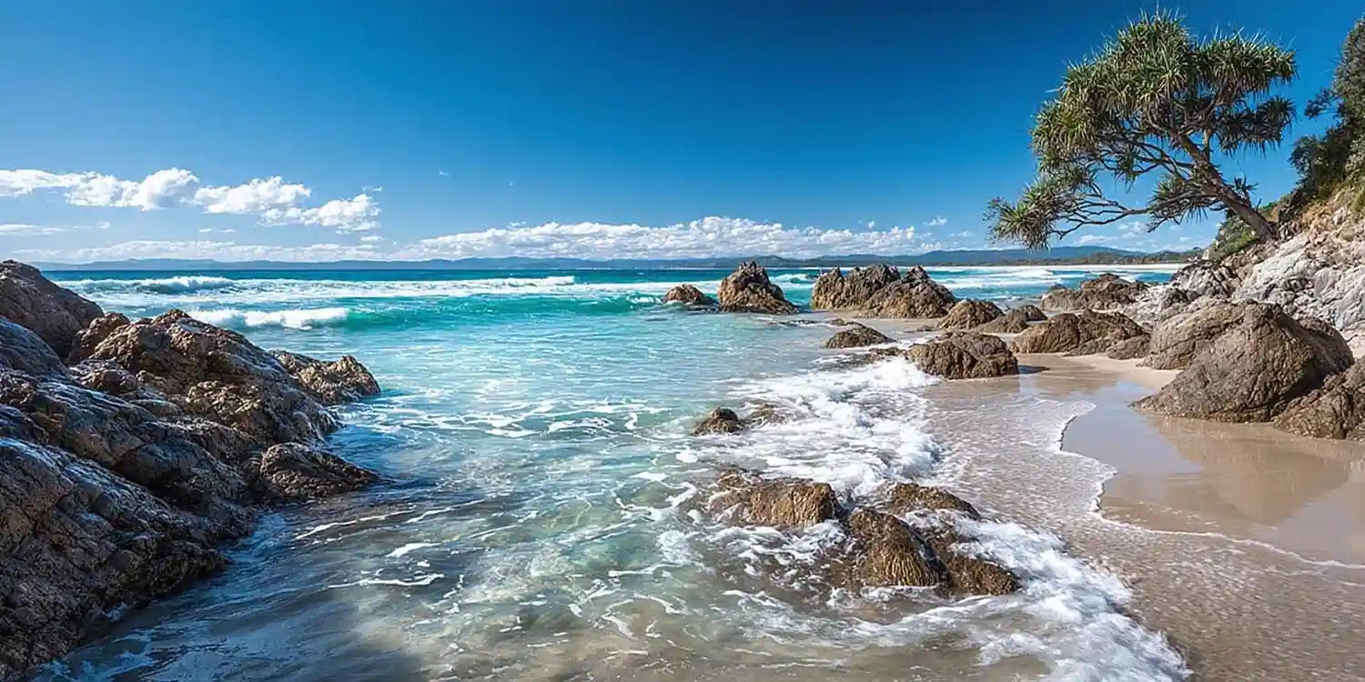 Tropical beach canvas art with pandanus tree and ocean waves for coastal decor.