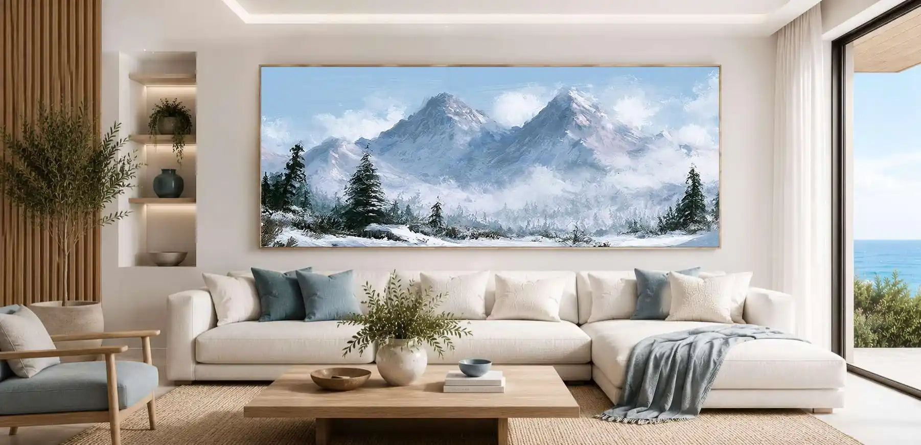 Snow mountain landscape panoramic canvas art for modern living room decor