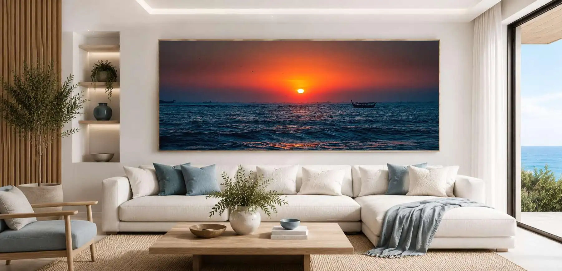 Ocean sunset seascape panoramic canvas art for modern living room decor