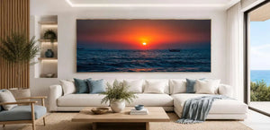 Ocean sunset seascape panoramic canvas art for modern living room decor