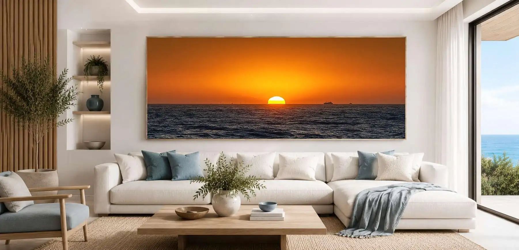 Minimal ocean sunset panoramic canvas art for modern living room decor