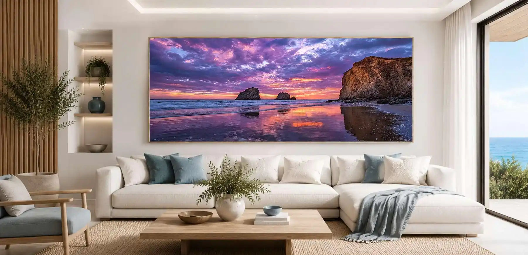 Beach sunset coastline panoramic canvas art for modern living room decor