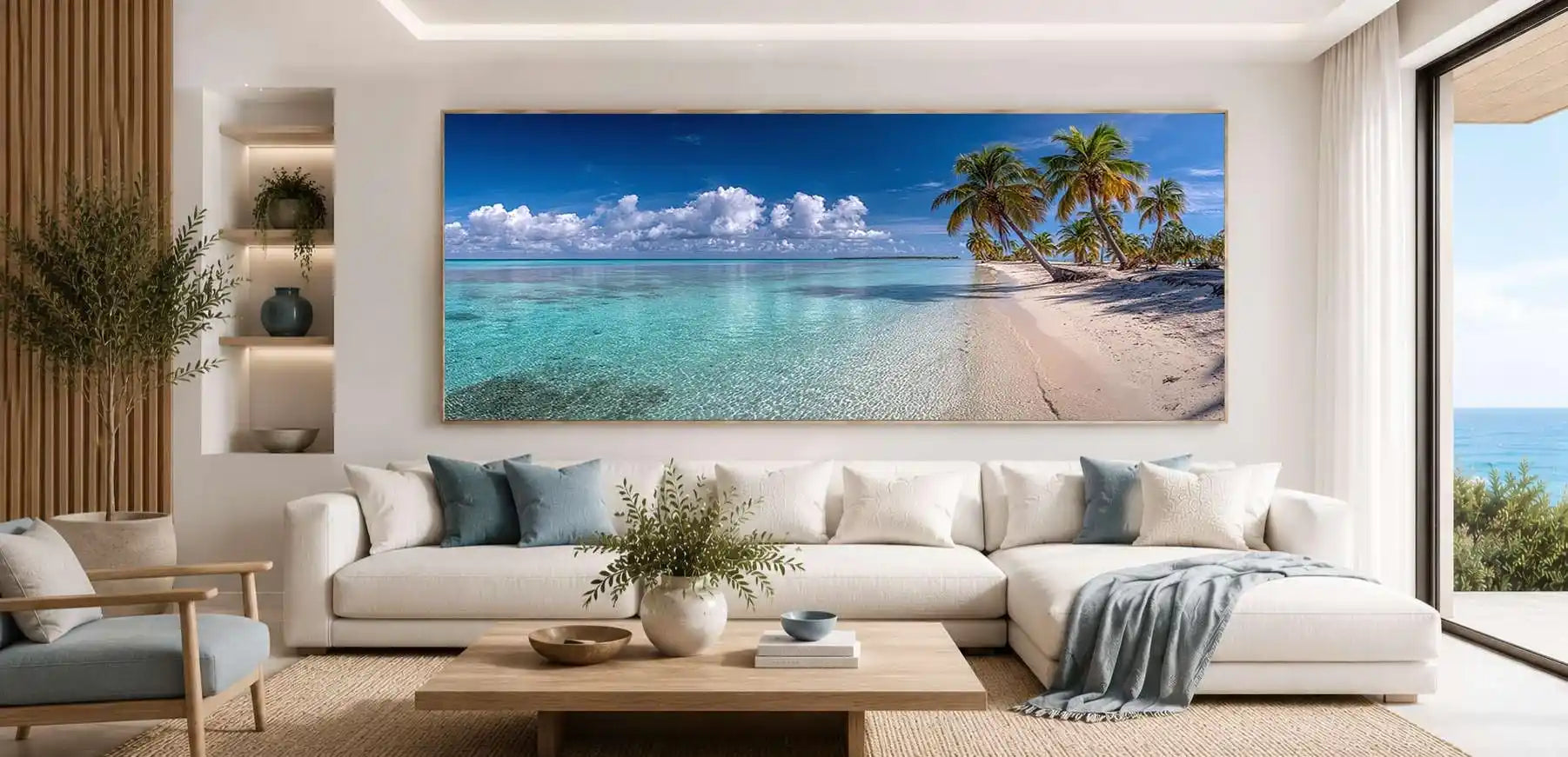 Tropical beach scene panoramic canvas art for modern living room decor