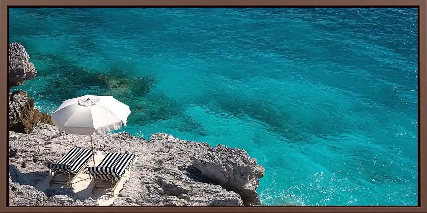 Coastal turquoise water panoramic canvas art for modern living room decor
