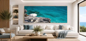 Coastal turquoise water panoramic canvas art for modern living room decor