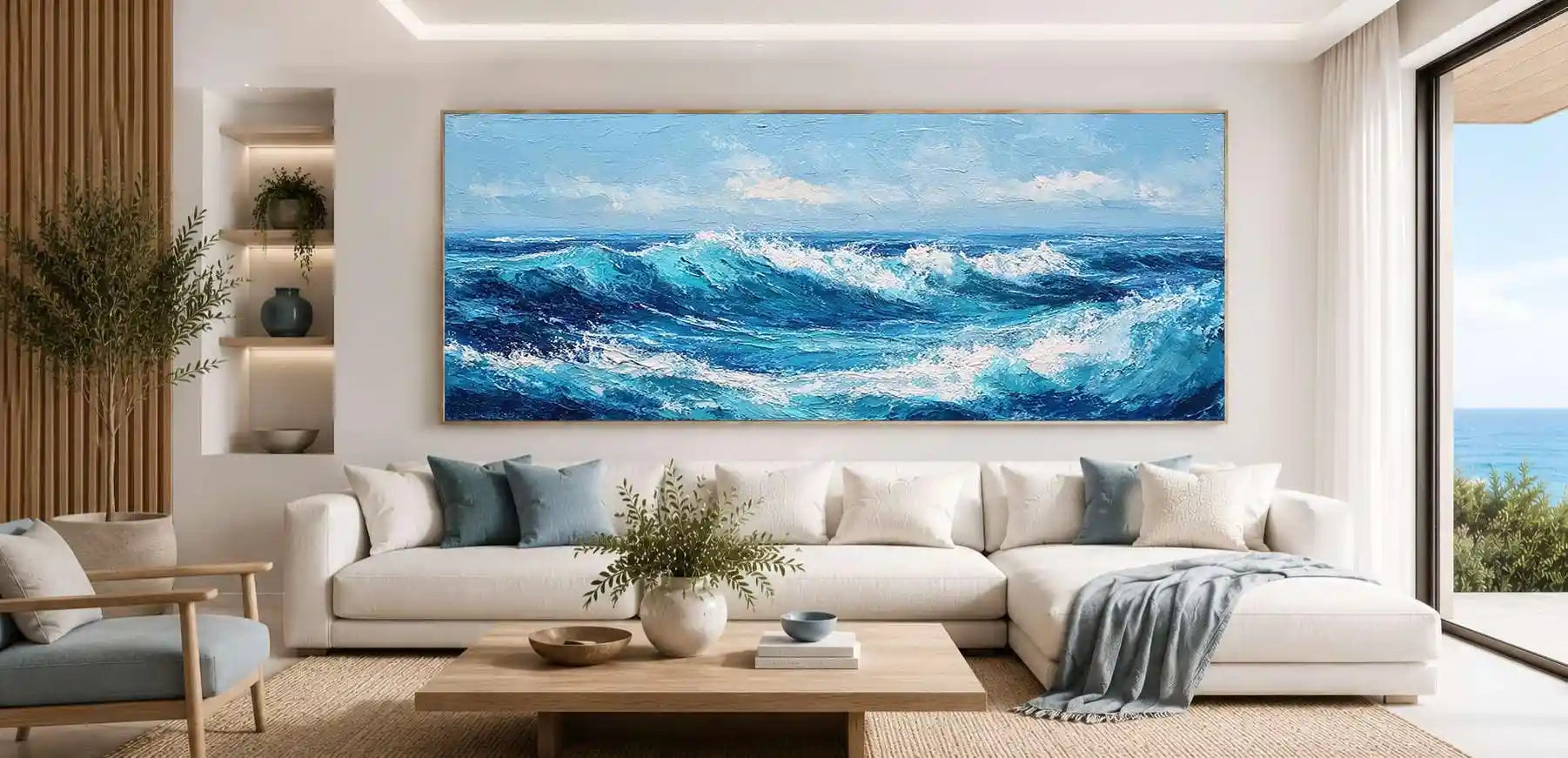Ocean wave painting panoramic canvas art for modern living room decor
