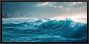 Dramatic ocean wave canvas art with surfer and skyline for modern office decor.