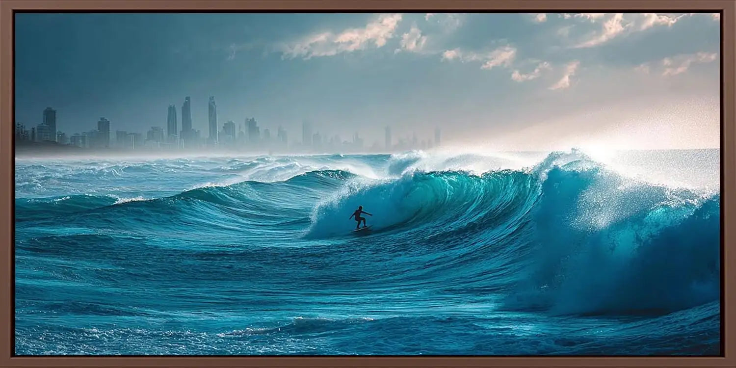 Dramatic ocean wave canvas art with surfer and skyline for modern office decor.
