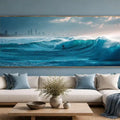 Dramatic ocean wave canvas art with surfer and skyline for modern office decor.