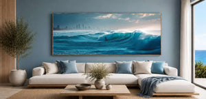 Dramatic ocean wave canvas art with surfer and skyline for modern office decor.