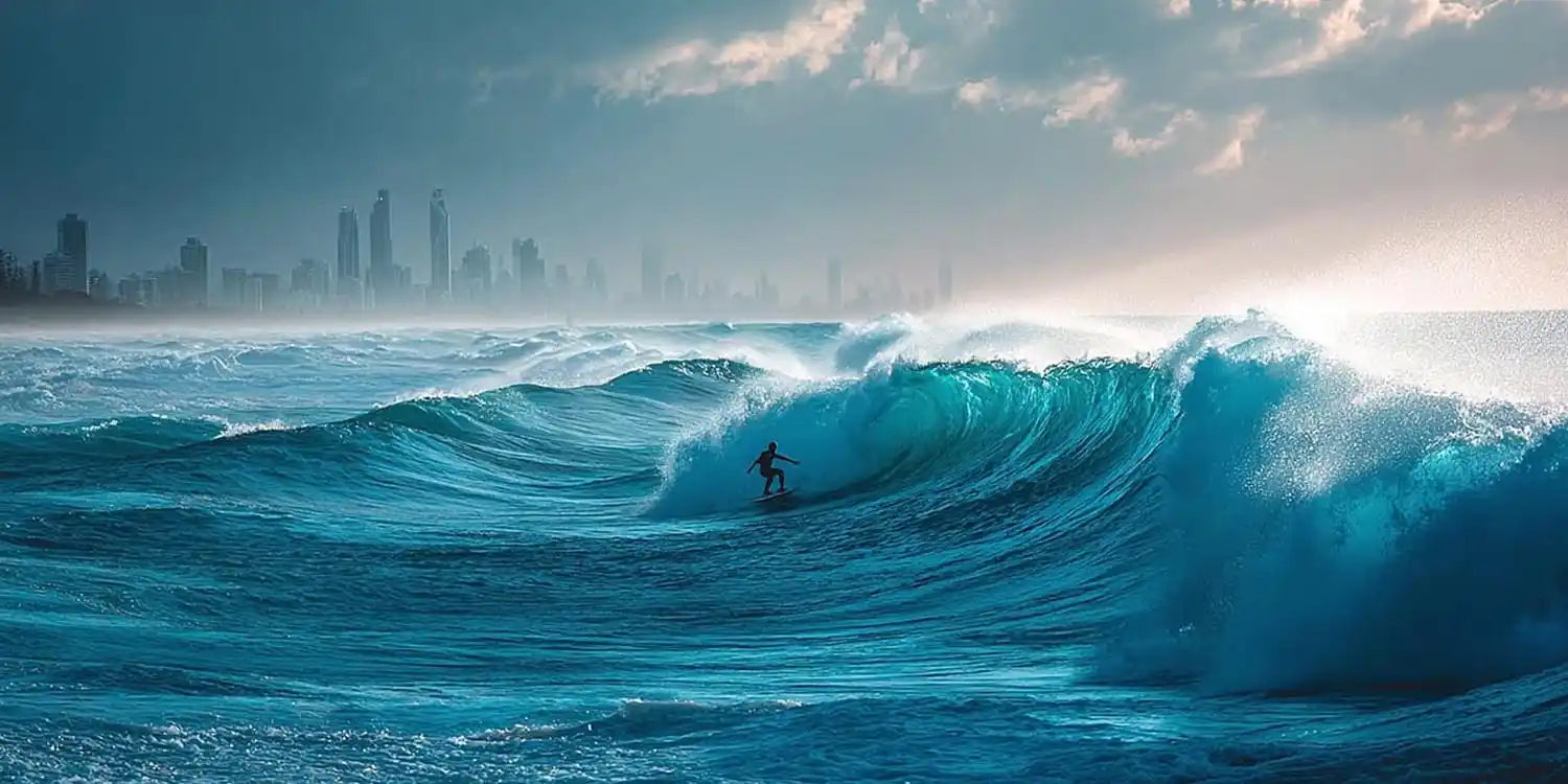 Dramatic ocean wave canvas art with surfer and skyline for modern office decor.
