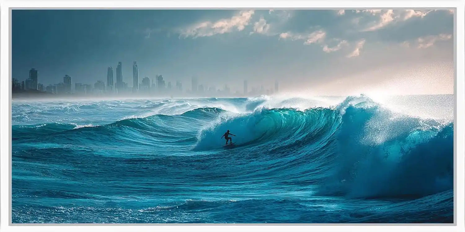 Dramatic ocean wave canvas art with surfer and skyline for modern office decor.