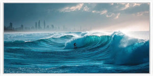 Dramatic ocean wave canvas art with surfer and skyline for modern office decor.