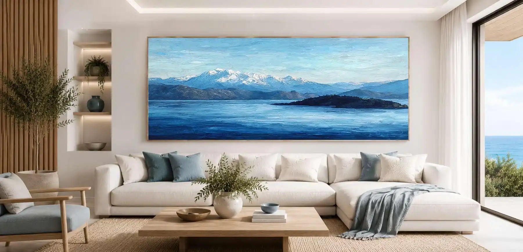 Snowy mountain lake panoramic canvas art for modern living room decor