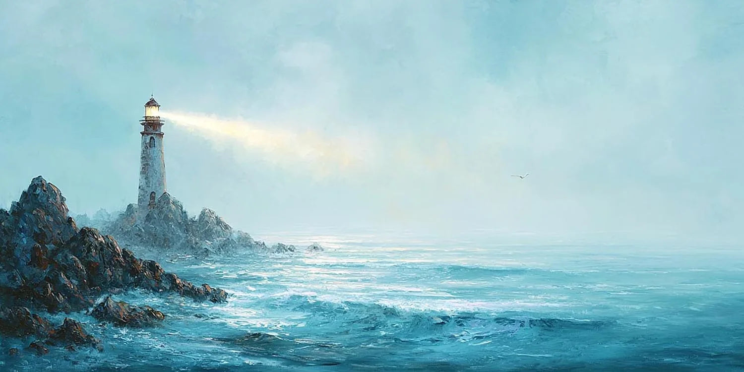 Coastal lighthouse canvas art overlooking ocean waves for serene living room decor