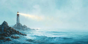 Coastal lighthouse canvas art overlooking ocean waves for serene living room decor