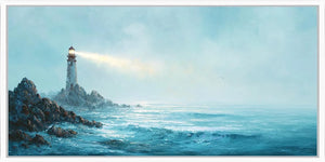 Coastal lighthouse canvas art overlooking ocean waves for serene living room decor