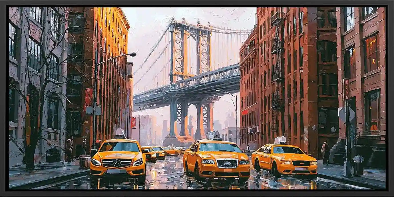 Modern cityscape canvas art with bridge and yellow taxis for office wall decor
