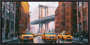 Modern cityscape canvas art with bridge and yellow taxis for office wall decor