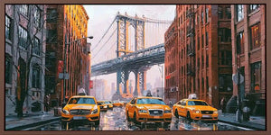 Modern cityscape canvas art with bridge and yellow taxis for office wall decor