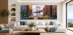 Modern cityscape canvas art with bridge and yellow taxis for office wall decor