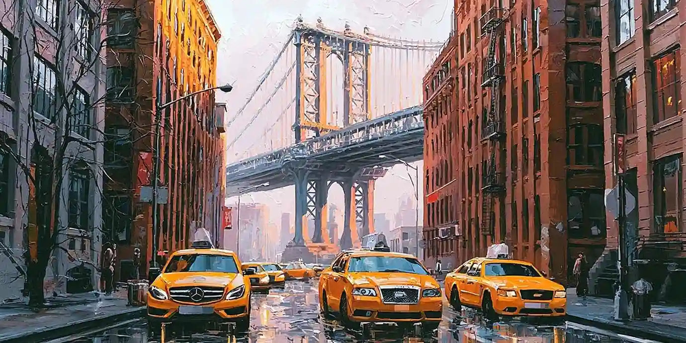 Modern cityscape canvas art with bridge and yellow taxis for office wall decor