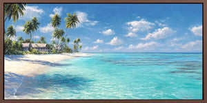 Tropical beach canvas wall art with palm trees and turquoise ocean for coastal interiors