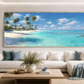 Tropical beach canvas wall art with palm trees and turquoise ocean for coastal interiors