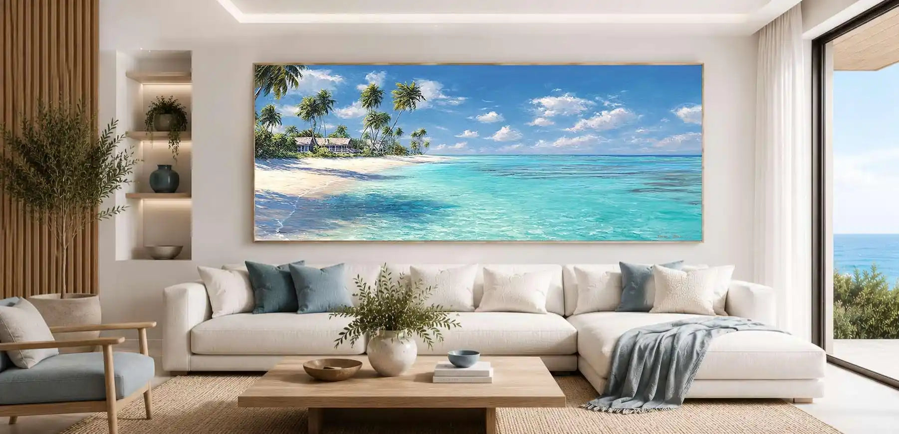 Tropical beach canvas wall art with palm trees and turquoise ocean for coastal interiors