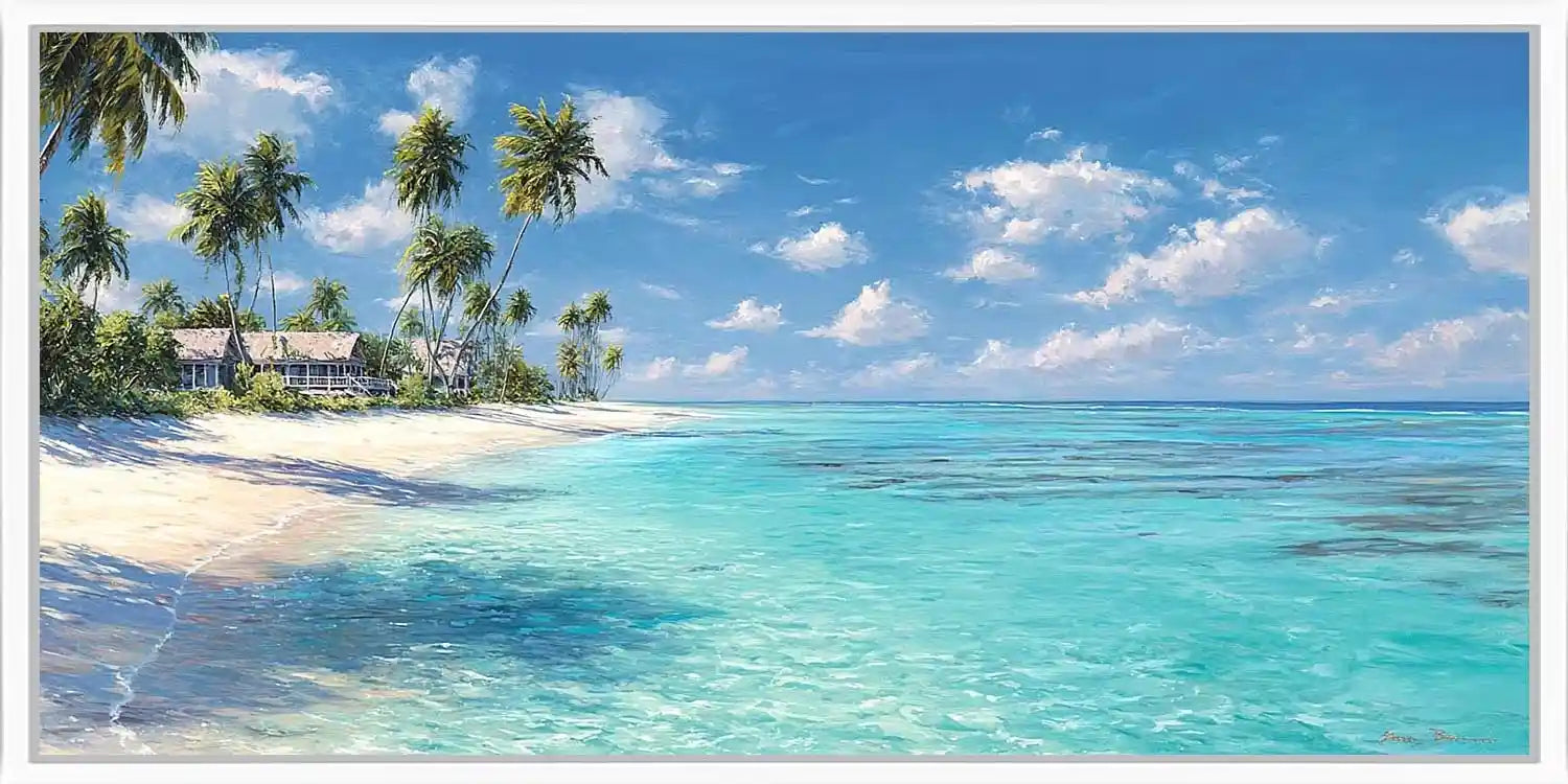 Tropical beach canvas wall art with palm trees and turquoise ocean for coastal interiors