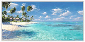Tropical beach canvas wall art with palm trees and turquoise ocean for coastal interiors