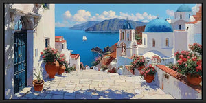 Mediterranean coastal canvas art with blue domes and sea view for elegant interiors