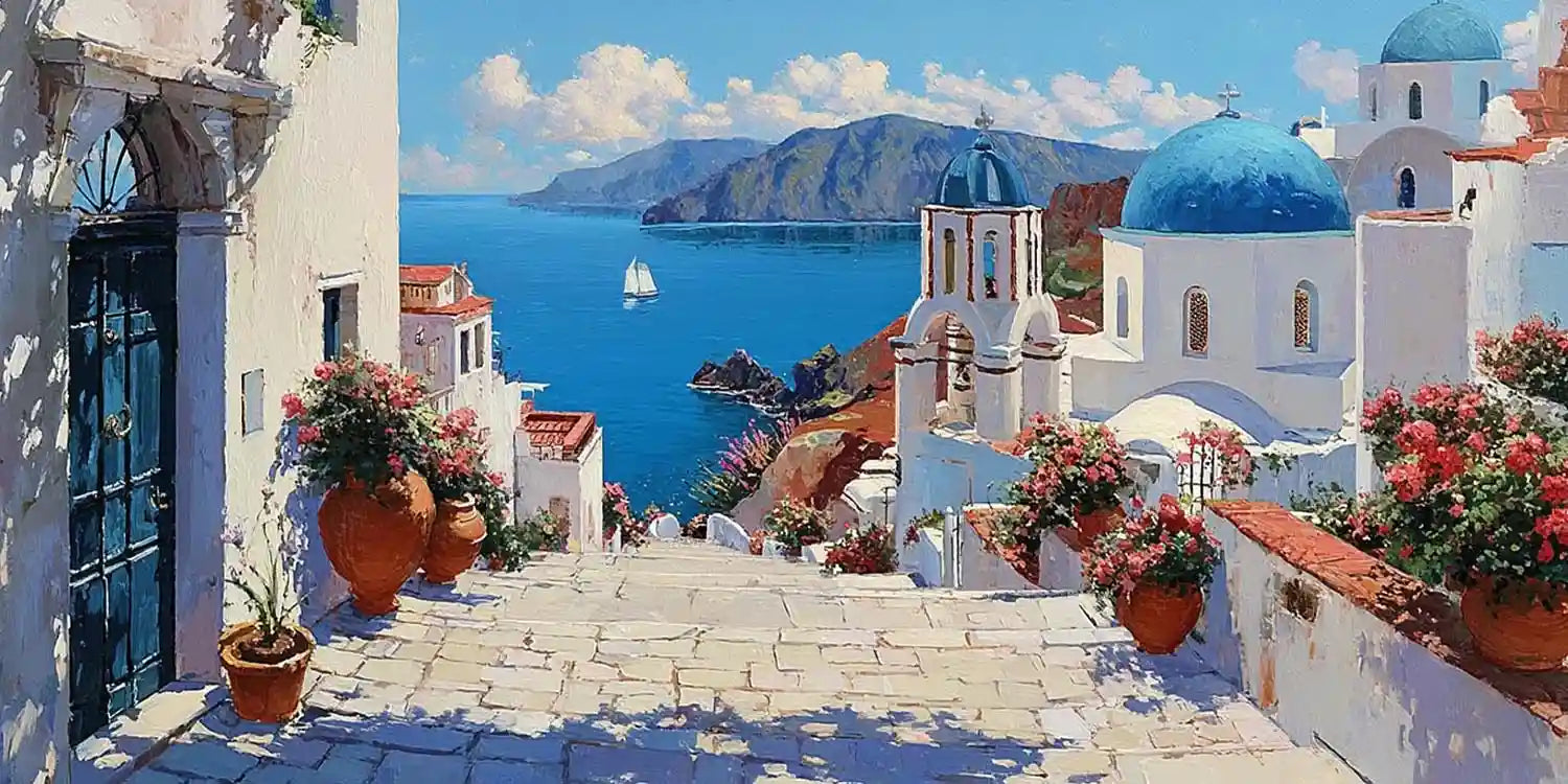 Mediterranean coastal canvas art with blue domes and sea view for elegant interiors