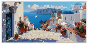 Mediterranean coastal canvas art with blue domes and sea view for elegant interiors