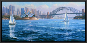 Sydney Harbour sailboat canvas art for modern coastal living room decor.