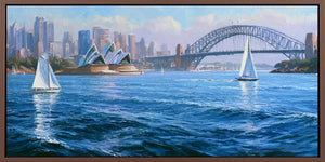 Sydney Harbour sailboat canvas art for modern coastal living room decor.